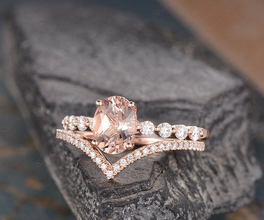2 CT Oval Cut Morganite Diamond 925 Sterling Silver Halo Engagement Ring Set