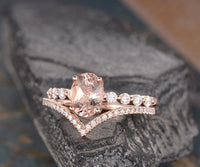 2 CT Oval Cut Morganite Diamond 925 Sterling Silver Halo Engagement Ring Set