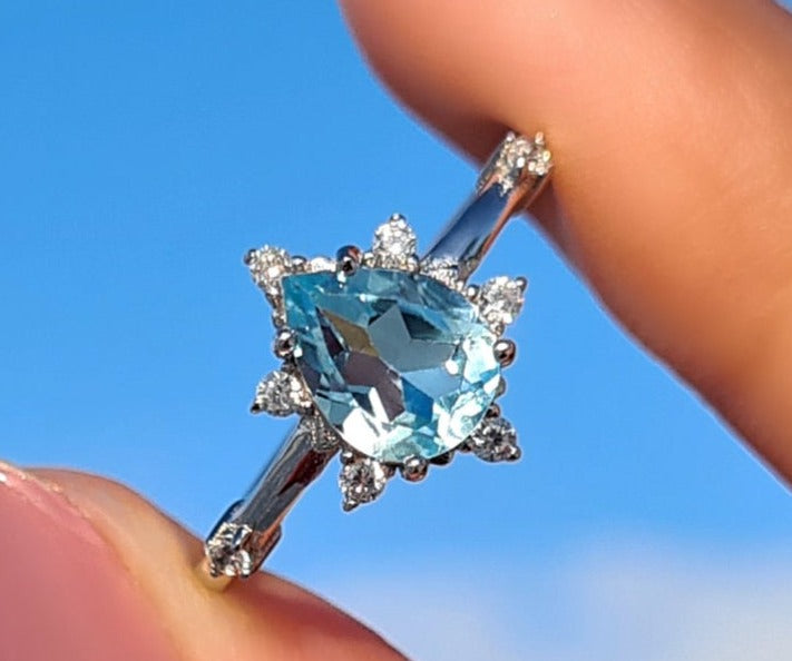1 CT Pear Cut Blue Topaz Diamond 925 Sterling Silver Women Anniversary Ring Birthday Gift For