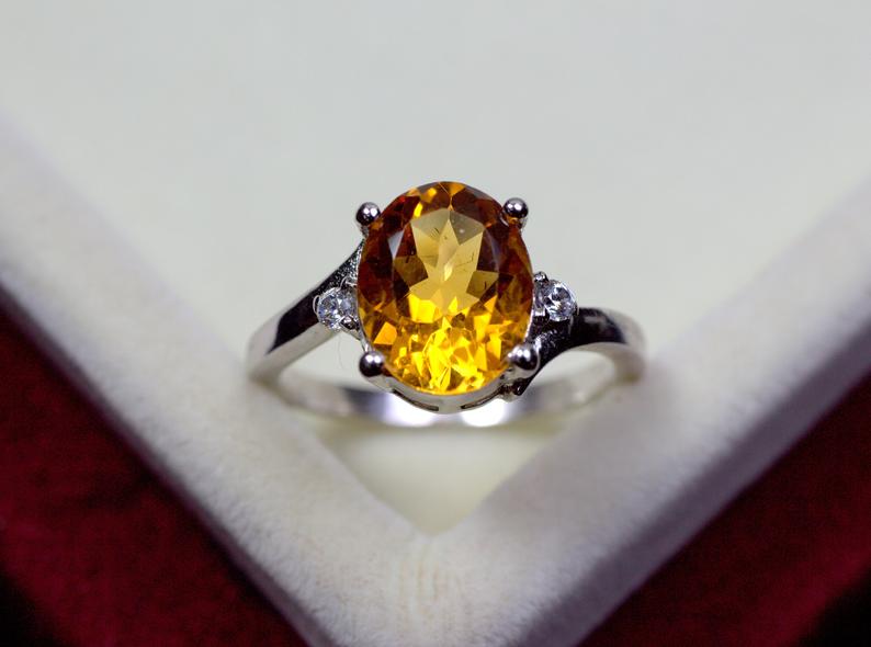 2 Ct Oval Cut Yellow Citrine & Round CZ 925 Sterling Silver Solitaire Promise Ring
