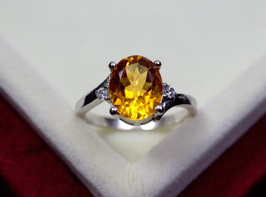 2 Ct Oval Cut Yellow Citrine & Round CZ 925 Sterling Silver Solitaire Promise Ring
