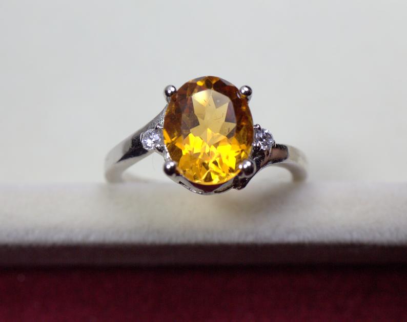 2 Ct Oval Cut Yellow Citrine & Round CZ 925 Sterling Silver Solitaire Promise Ring