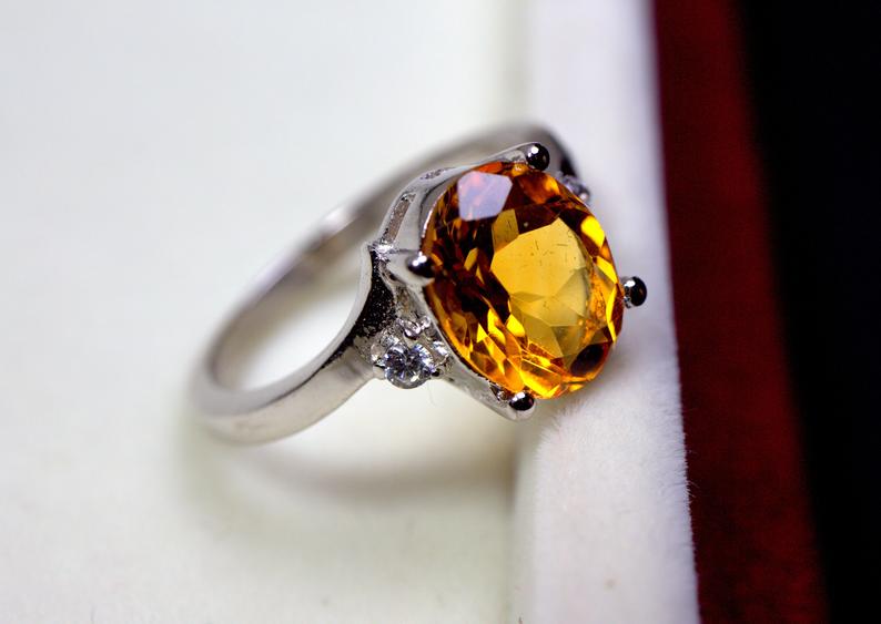 2 Ct Oval Cut Yellow Citrine & Round CZ 925 Sterling Silver Solitaire Promise Ring