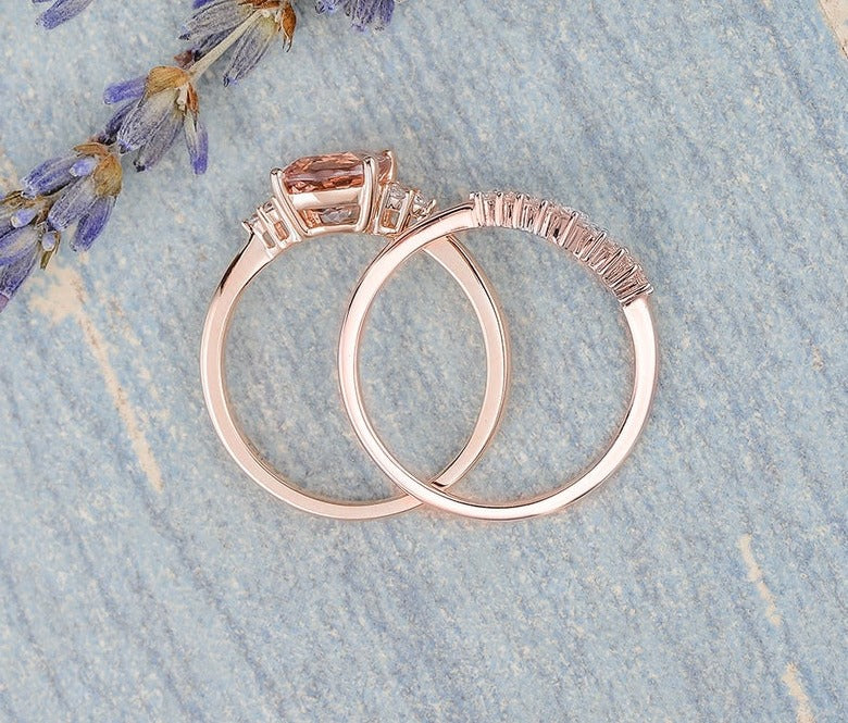 2.20 Ct Cushion Cut Morganite Rose Gold Over On 925 Sterling Silver Bridal Engagement Ring Set