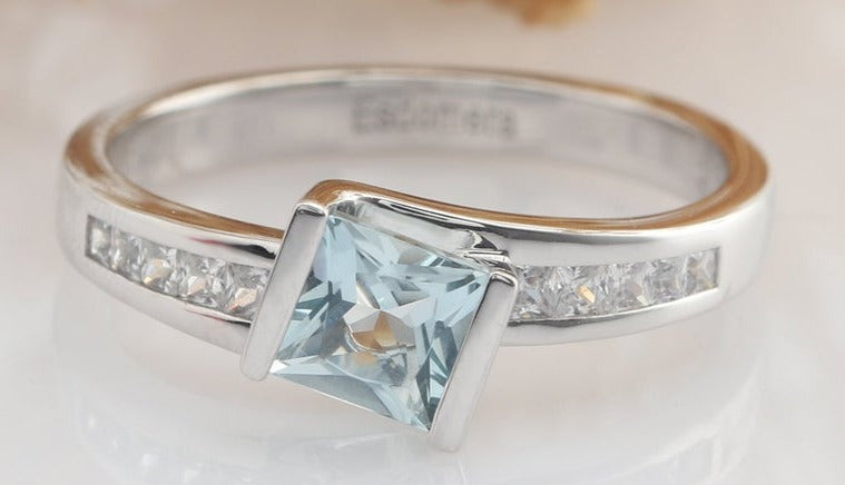 1 CT Princess Cut Aquamarine Blue Diamond 925 Sterling Sliver Women Wedding Promise Ring
