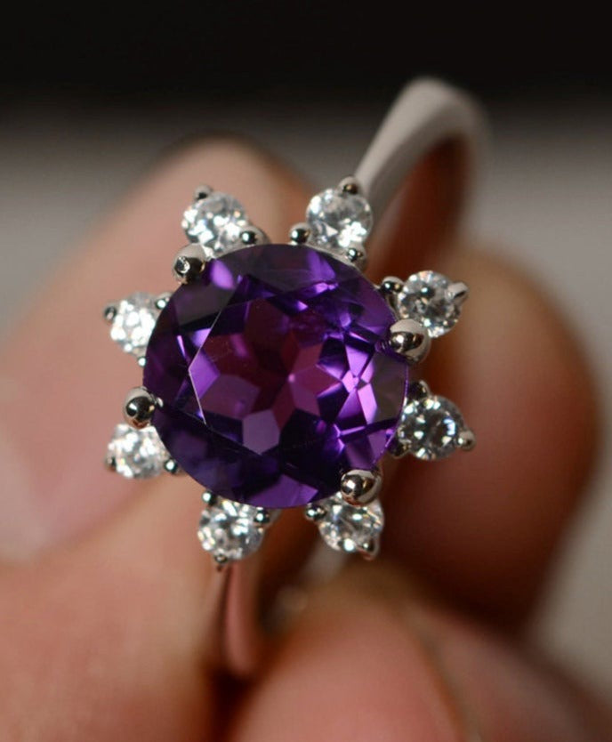 2 CT Round Cut Amethyst Diamond 925 Sterling Silver Women Promise Ring