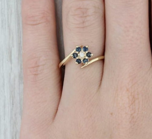 0.33 CT Round Cut Blue Sapphire Diamond 925 Sterling Silver Women Anniversary Flower Bypass Ring