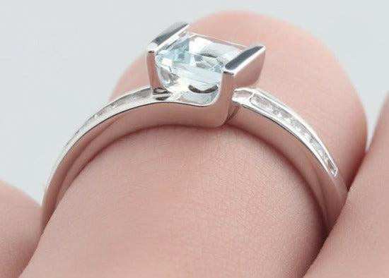 1 CT Princess Cut Aquamarine Blue Diamond 925 Sterling Sliver Women Wedding Promise Ring