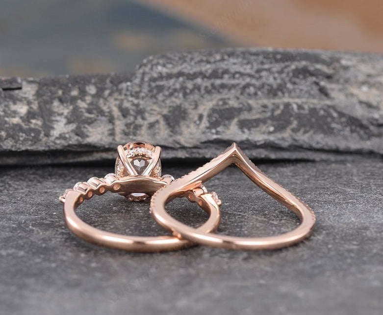 2 CT Oval Cut Morganite Diamond 925 Sterling Silver Halo Engagement Ring Set