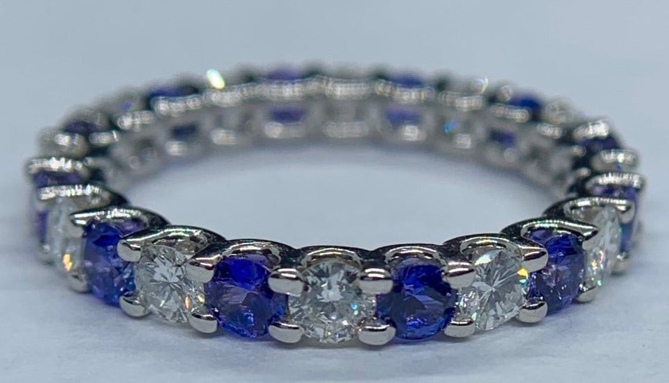 1 CT 925 Sterling Silver Blue Sapphire Round Cut Diamond Anniversary Band Ring