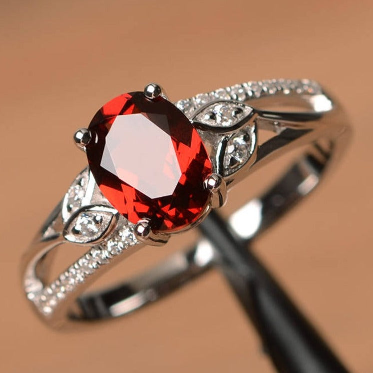 Garnet Fancy Halo Diamond Engagement Ring with Side Stones Bridal Set
