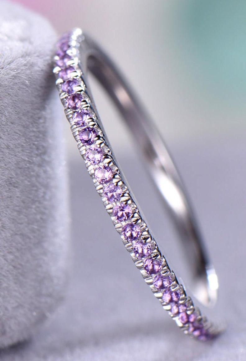 0.50 CT 925 Sterling Silver Purple Amethyst Round Cut Wedding Band Ring