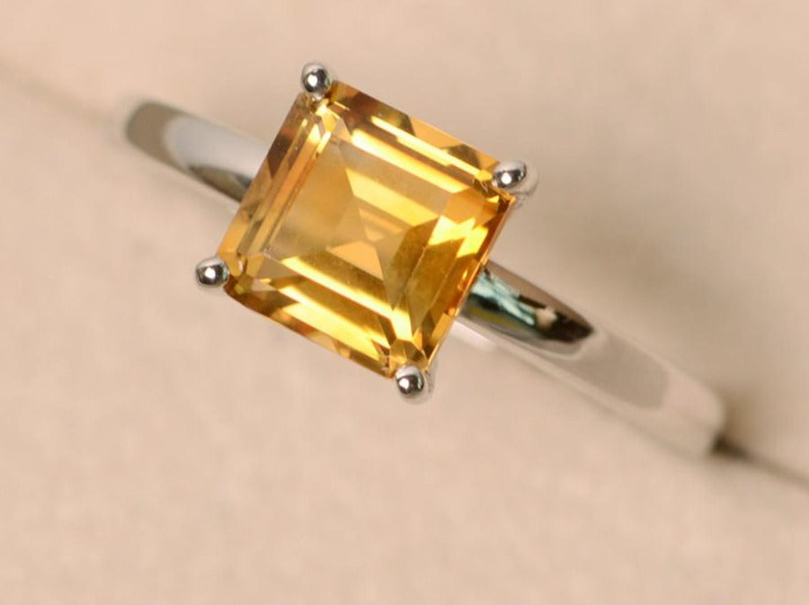1 CT Princess Cut Citrine Yellow 925 Sterling Silver Women Engagement Solitaire Ring