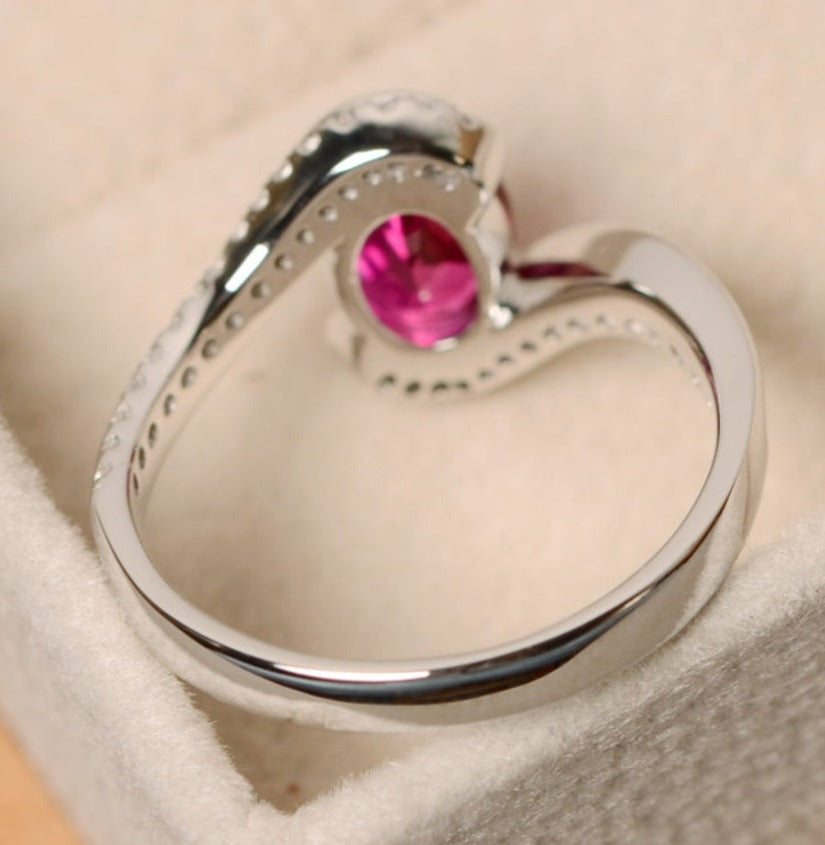 1 CT Oval Cut Red Ruby Diamond 925 Sterling Silver Engagement Halo Bypass Ring Gift For Her
