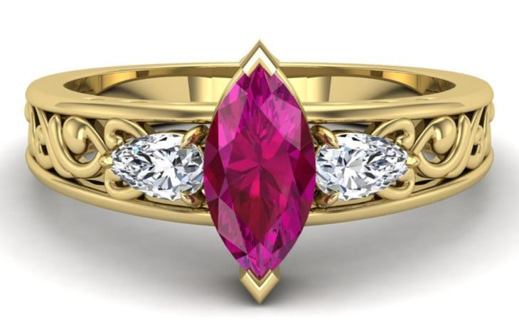 2 CT 925 Sterling Silver Red Ruby Marquis & Pear Cut Diamond Women Birthday Ring