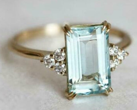CT Emerald Cut Blue Aquamarine Diamond 925 Sterling Silver Women Solitaire Wedding Ring