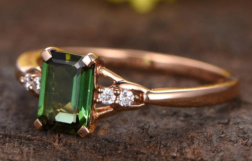 1 CT 925 Sterling Silver Emerald Cut Green Emerald Diamond Engagement Ring