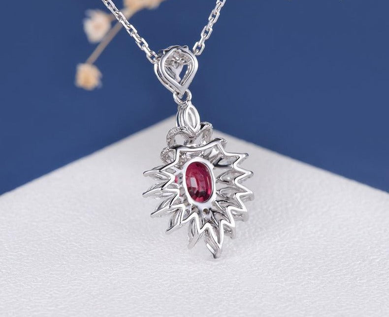 2.50 Ct Oval Cut Red Ruby & White Marquise Diamond Cluster Pendant In 925 Sterling Silver
