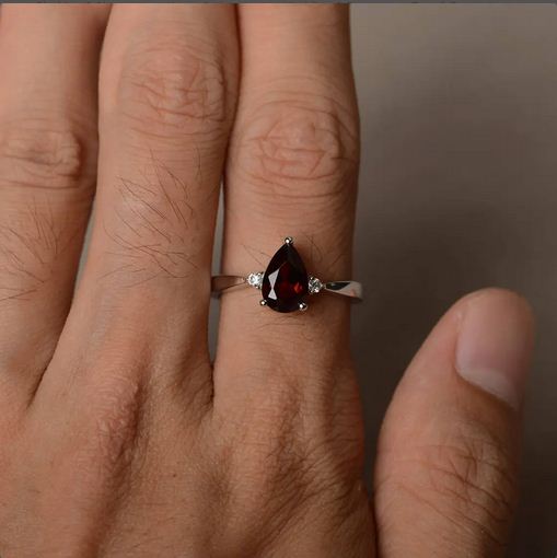 1.20 Ct Pear Cut Red Garnet Three-Stone Promise Ring In 925 Sterling Silver