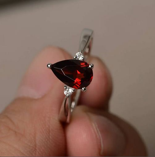 1.20 Ct Pear Cut Red Garnet Three-Stone Promise Ring In 925 Sterling Silver