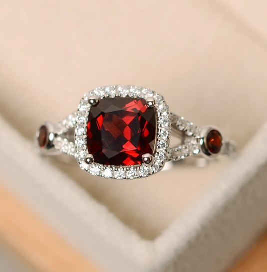 2.50 CT Cushion & Round Cut Red Garnet 925 Sterling Silver Unique Halo Wedding Ring