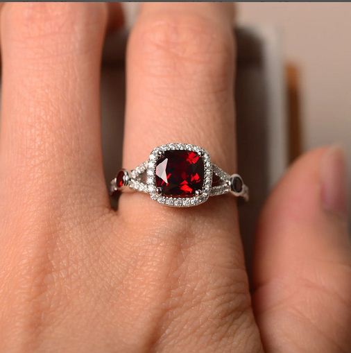 2.50 CT Cushion & Round Cut Red Garnet 925 Sterling Silver Unique Halo Wedding Ring