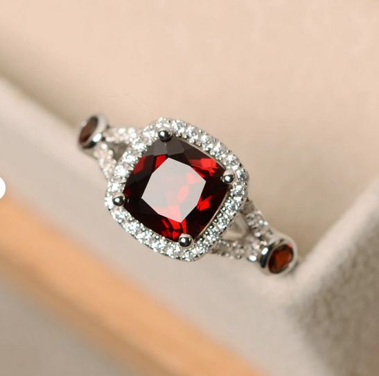 2.50 CT Cushion & Round Cut Red Garnet 925 Sterling Silver Unique Halo Wedding Ring