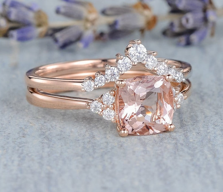2.20 Ct Cushion Cut Morganite Rose Gold Over On 925 Sterling Silver Bridal Engagement Ring Set