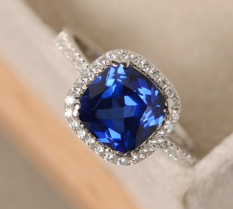 2 CT 925 Sterling Silver Blue Sapphire Cushion Cut Diamond Halo Engagement Ring