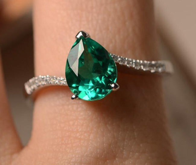 2 CT Pear Cut Green Emerald Diamond 925 Sterling Silver Women Anniversary Halo Ring