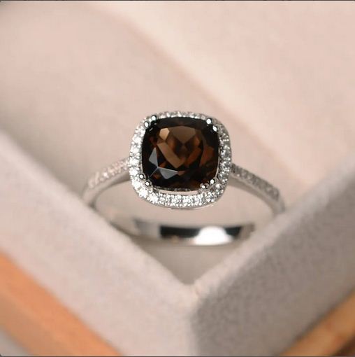 2.25 Ct Cushion Cut Smoky Quartz 925 Sterling Silver Halo Wedding Ring