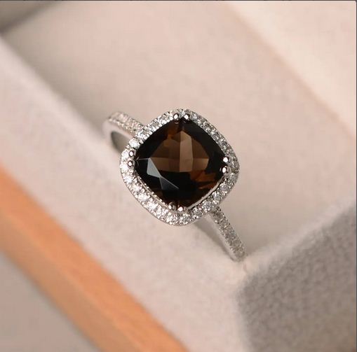 2.25 Ct Cushion Cut Smoky Quartz 925 Sterling Silver Halo Wedding Ring