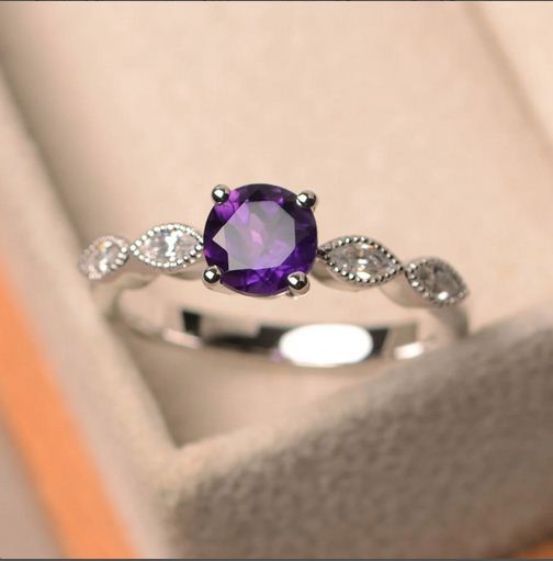 1.20 Ct Round Cut Purple Amethyst Solitaire W/Accents Engagement Ring 925 Sterling Silver