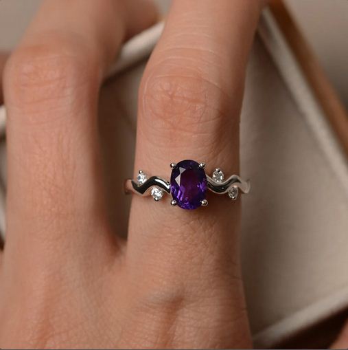 1.20 Ct Oval Cut Purple Amethyst 925 Sterling Silver Wave Shank Solitaire Promise Ring