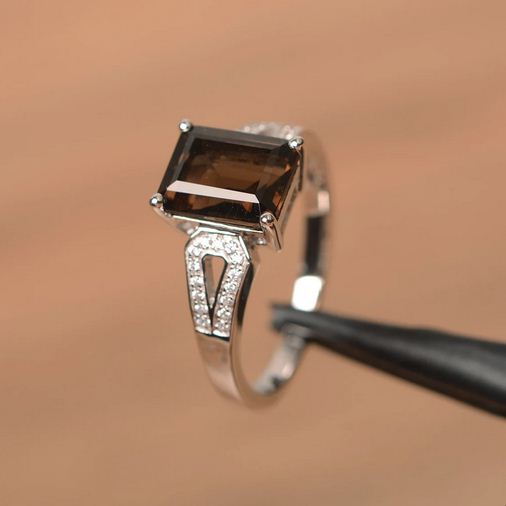 2.50 Ct Emerald Cut Smoky Quartz 925 Sterling Silver Solitaire W/Accents Band Ring