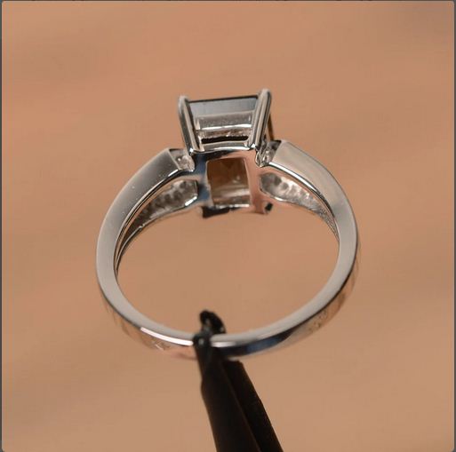 2.50 Ct Emerald Cut Smoky Quartz 925 Sterling Silver Solitaire W/Accents Band Ring