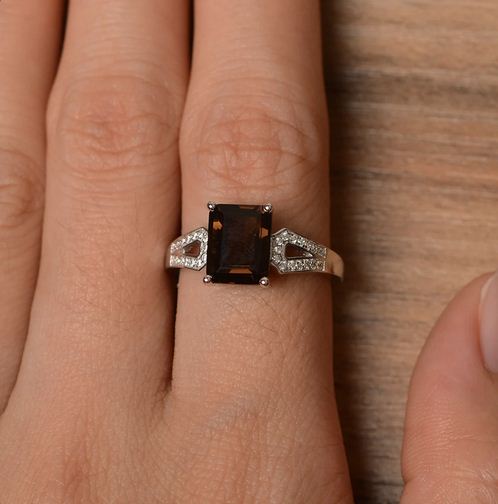 2.50 Ct Emerald Cut Smoky Quartz 925 Sterling Silver Solitaire W/Accents Band Ring