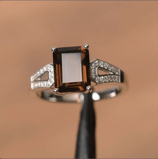 2.50 Ct Emerald Cut Smoky Quartz 925 Sterling Silver Solitaire W/Accents Band Ring