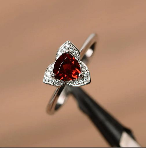 1.50 Ct Trillion Cut Red Garnet 925 Sterling Silver Floral Ring For Her