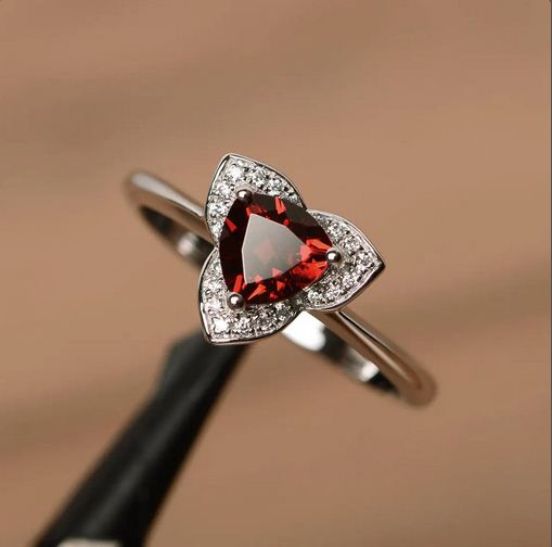 1.50 Ct Trillion Cut Red Garnet 925 Sterling Silver Floral Ring For Her