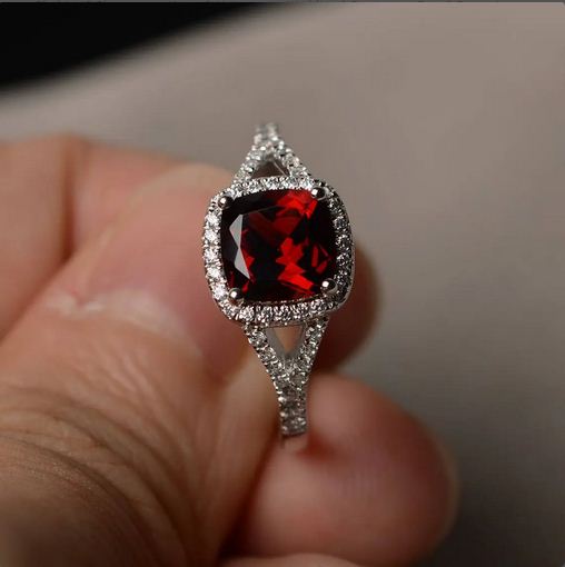 2.50 Ct Cushion Cut Red Garnet Halo Engagement Wedding Ring 925 Sterling Silver