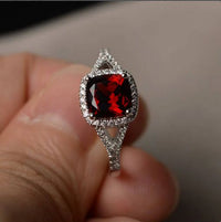 2.50 Ct Cushion Cut Red Garnet Halo Engagement Wedding Ring 925 Sterling Silver