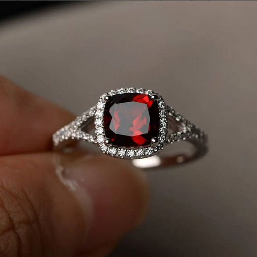 2.50 Ct Cushion Cut Red Garnet Halo Engagement Wedding Ring 925 Sterling Silver