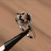 1.50 CT Round Cut Smoky Quartz & CZ 925 Sterling Silver Floral Anniversary Ring