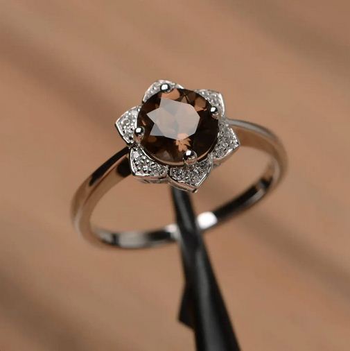 1.50 CT Round Cut Smoky Quartz & CZ 925 Sterling Silver Floral Anniversary Ring