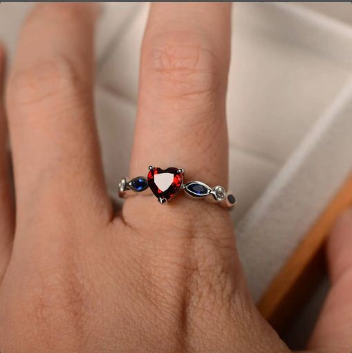 2.25 Ct Heart Cut Red Garnet Solitaire W/Accents Proposal Ring 925 Sterling Silver