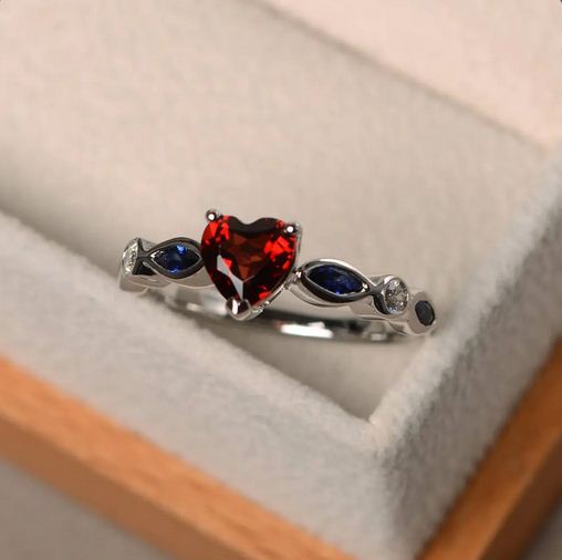 2.25 Ct Heart Cut Red Garnet Solitaire W/Accents Proposal Ring 925 Sterling Silver