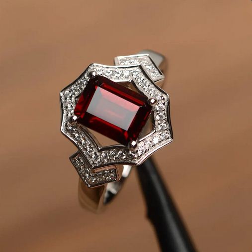 4.00 Ct Emerald Cut Red Garnet 925 Sterling Silver Halo Wedding Ring