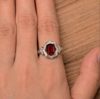 4.00 Ct Emerald Cut Red Garnet 925 Sterling Silver Halo Wedding Ring