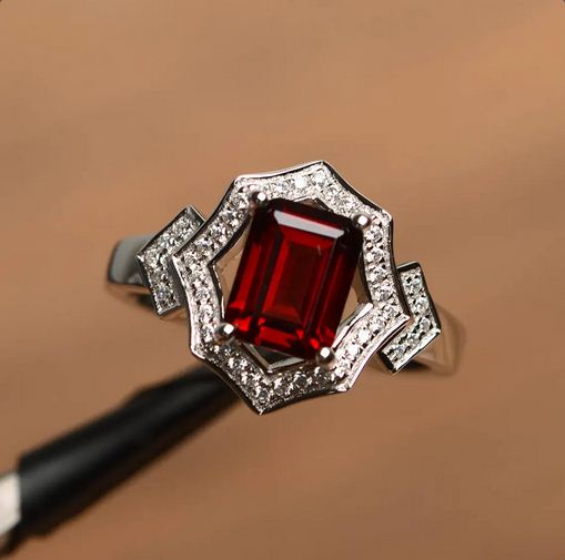 4.00 Ct Emerald Cut Red Garnet 925 Sterling Silver Halo Wedding Ring
